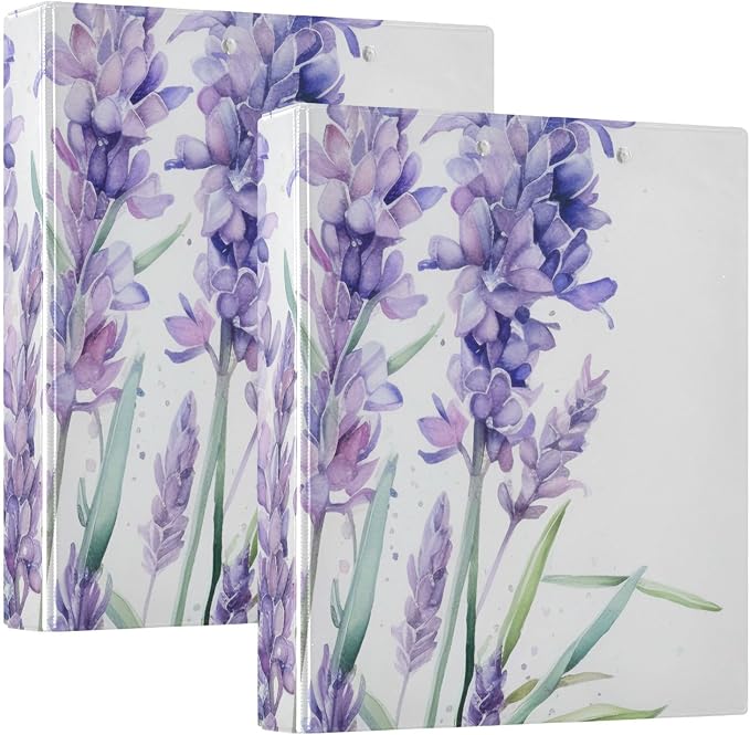 Purple Lavender Flower C 3 Ring Binder with 2 Interior Pockets 1.5 inch Binders 3 Ring Heavy Duty Fit 8.5" x 11" Letter Size for Office School, 2 Pack