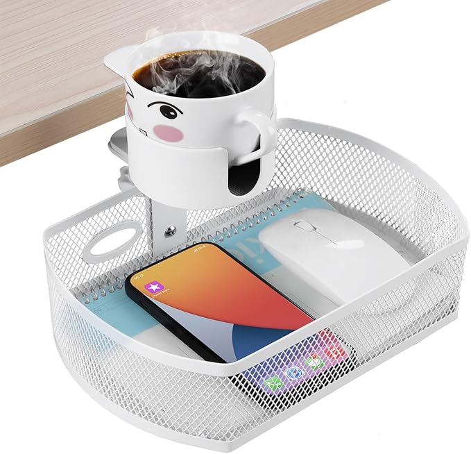 MASTLU Under Desk Organizer,Cup Holder,Table Management Tray, Swivel Pencil Drawer, Office No Drill Steel Organizers,360 Spin Hidden Storage Box with Sturdy C-Clamp,Easy Install (White)