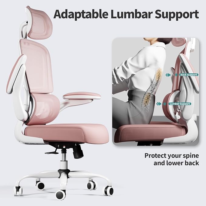 TRALT Office Chair Ergonomic Desk Chair - Gaming Chair with Lumbar Support | 330 LBS Home Office Desk Chairs with Headrest, Reading Chair with Flip-up Armrests, Comfortable Computer Chairs (1, Pink)