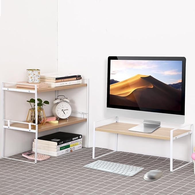 YGYQZ Desk Shelf Organizer for Top of Desk, 1-Tier Desktop Bookshelf, White & Wood