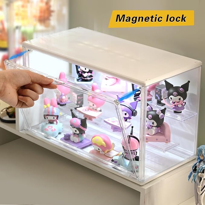 GUDEMAY Acrylic Display Case with Light, Clear Showcase with Adjustable Shelf Risers, Stackable Storage Bins for Collectibles, Action Figure, Popmart (L-3 Pack)