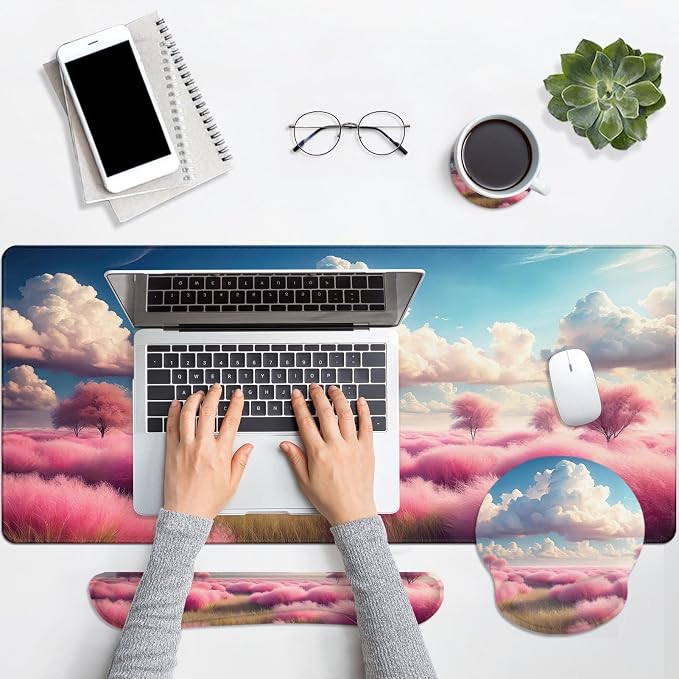 Keyboard Mouse Pad Set, 4 in 1 Desk Mat Set, Pink Clouds | Plants Dreamy Large Mousepad+Keyboard Wrist Rest+Mouse Wrist Rest+Coaster Ergonomic Design for Home Office Computer