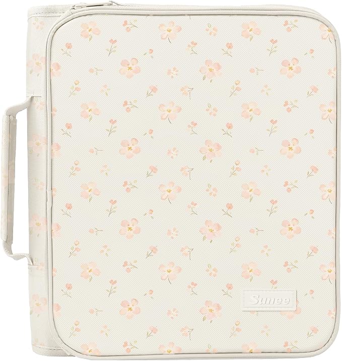 SUNEE Zippered Binder Bag with Handle, 2-Inch 3-Ring O-Ring, 500-Sheet Capacity, Includes Zip Pocket, 5-Tab Expanding File Folder, Multi-Pocket Organizer Binder for Middle School, Pink Little Flower