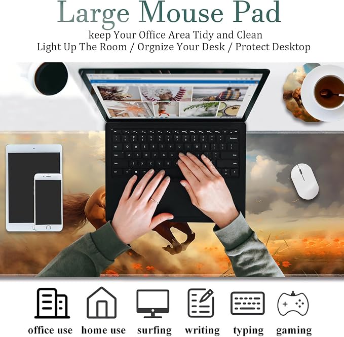 Extended Gaming Mouse Pad 31.5" x 11.8", with Edge Stitching, Non-Slip Rubber Base Keyboard Pad, Suitable for Work, Game, Office, Home and Coasters, Running Horse