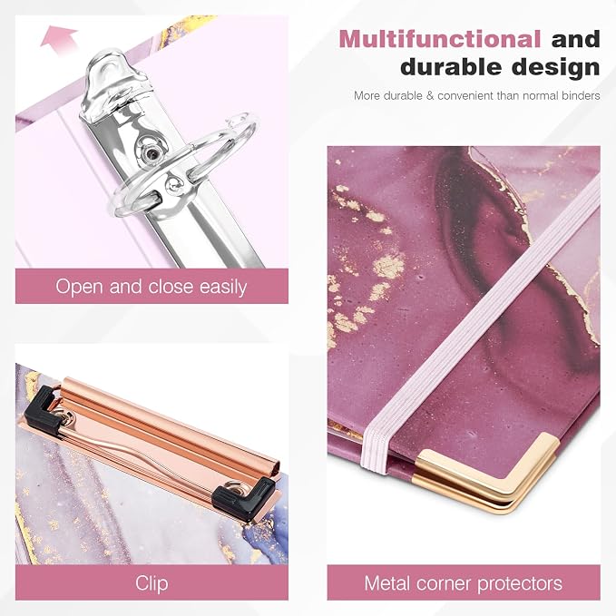 Ospelelf 3 Ring Binder 1.5 Inch, Pink Clipboard Organizer for Letter Size Documents (11" x 8.5") with 5 Tab Dividers, File Folder Labels, Paper Marble Binders for School and Office Supplies