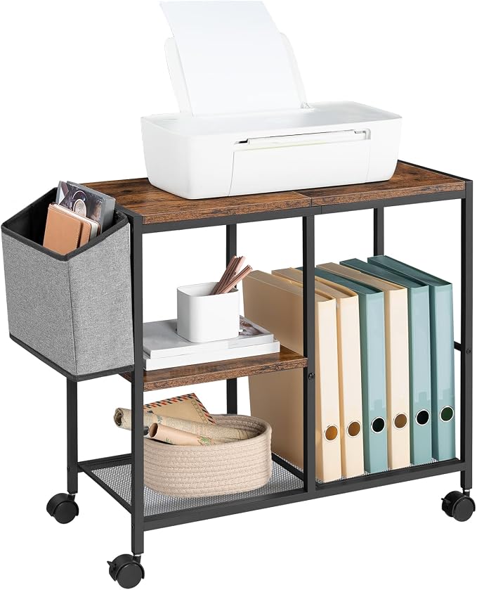MAHANCRIS Printer Stand with Storage Bag, 3-Tier Mobile Under Desk Printer Cart with Wheels, Wood Rolling Printer Table, Organizer Shelf for Study, Office, Living Room, Rustic Brown PTHR2201