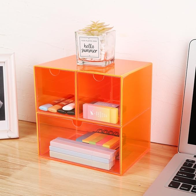 Gelite Desk Organizer with 3 Storage Drawers for Makeup Office Acrylic Desktop Drawer Organizer for Vanity Office Organization and Storage Box, Neon Orange