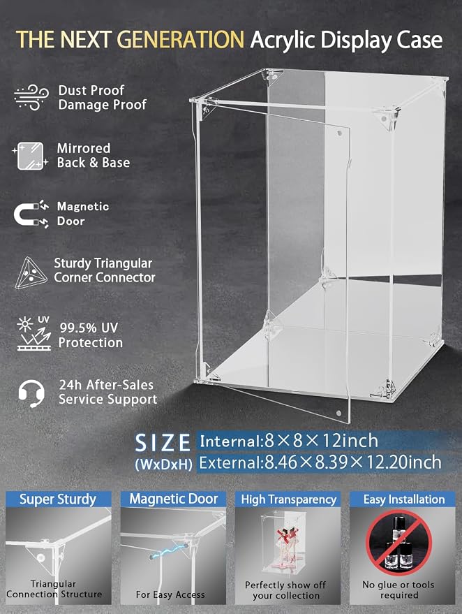 Clear Acrylic Display Case with Mirrored Back and Base, UV Protected Acrylic Box with Magnetic Door, Dustproof Display Box Showcase for Collectibles, Figures, Models, Toys (8x8x12inch)