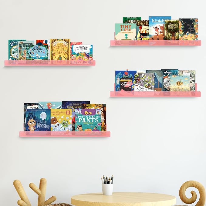 Dezzer 6 Pack Acrylic Shelves for Wall, 15" Acrylic Floating Shelves for Bathroom Bedroom, Invisible Bookshelf Wall Ledge Storage Shelf Books Perfume Toys Action Figure Display Shelves, Pink