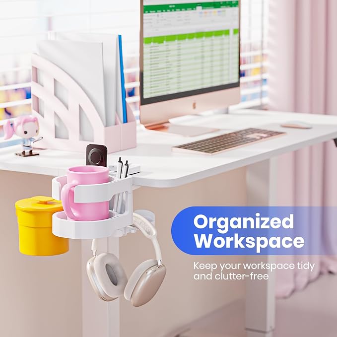 7-in-1 Cup Holder - EURPMASK Desk Organizer with Headphone, Controller Holder, Snack Bucket, and Phone Holder, Clamp-On Desk Accessory with Sturdy Large Storage, Easy to Install, White