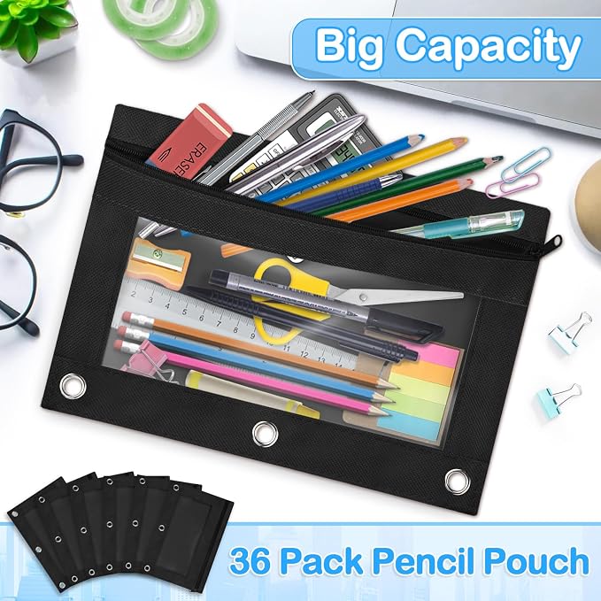 36 Pack Black Pencil Pouch for 3 Ring Binder School Supplies | Pencil Pouch Bulk For School and Office Supplies with Clear Window With Smooth Zipper Bulk