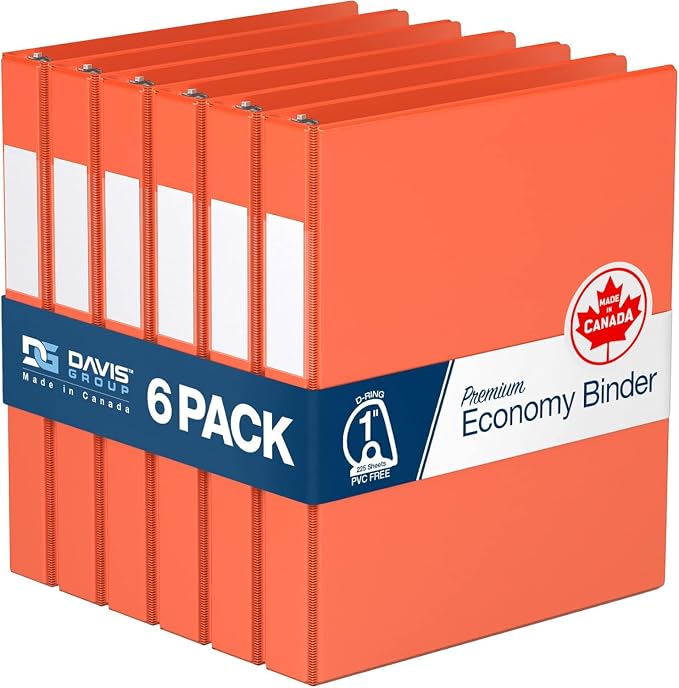 Premium Economy 6-Pack 3-Ring Binders for School or Office, D-Ring Binders, 1 Inch, Orange | Heavy-duty binder, fits 8.5" x 11" paper, orange, customizable spine, made in Canada, ideal for school or office use