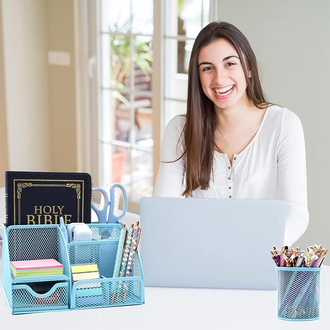 12 in 1 Blue Desk Organizers & Office Supplies Set for Office Home School | Blue Office Supplies for Coworkers Students, Include Stapler, Pen Holder, Tape Holder, Scissors, Ruler, Staple Remover