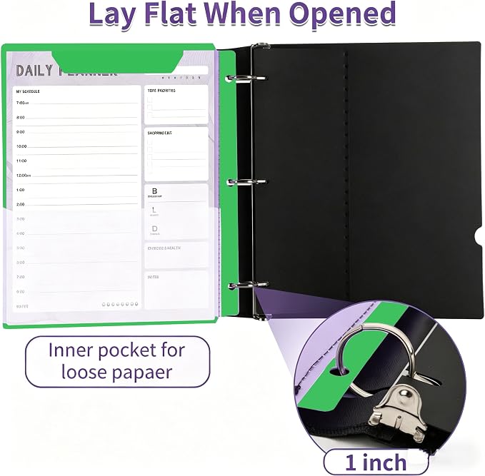 360 Degree Pivotable Binder, Upgraded 3 Ring Binder 1 inch, Flexible Binders 3 Ring, Foldable Three Ring Binders- Green