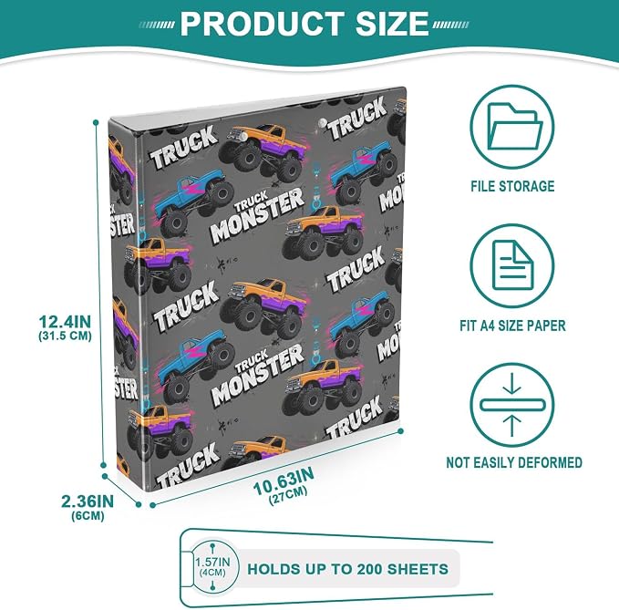 Monster Truck Black Round Ring Binders 1.5 Inch Racing Cars 3 Ring Clipboard Binder for Office School Work Supplies File Folder 200 Sheet Capacity 2 Pieces