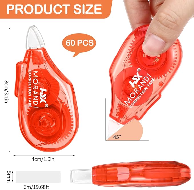 Fullhawl 60 Pack Correction Tape Bulk, 19.7 ft White Wrong out Tear-resistant Roller, Red Green Blue Colored Strips, Instant Dry Smooth Applicator for School, Office, Note Taking, Journal