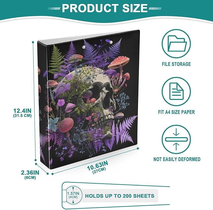 ALAZA 3 Ring Binder Mystic Skull Head Mushroom Clipboard Round Ring Binder Holds 1.5 Inch Three Rings Binders for Office Supplies, 1Pack