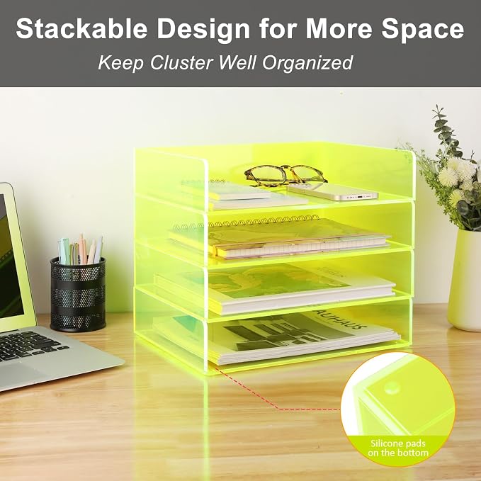 Gelite Acrylic File Organizer for Desk 4 Tiered Stackable Letter Tray Office Paper Storage Desktop Document Sorter, Neon Green