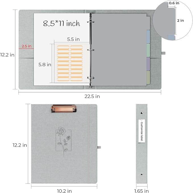 EYROZILL 3 Ring Binder, 1 Inch Linen Binder Organizer for Letter Size (8.5" x 11") with 5 Tab Dividers, File Folder Labels and Low Profile Clipboards, School and Office Supplies- Grey Rose