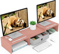 WESTREE Dual 3 Shelf Computer Riser with Drawer, Adjustable Length and Angle, Desktop 2 Monitor Stand Storage Organizer