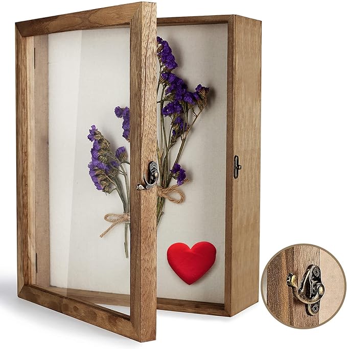 TJ.MOREE Shadow Box 11x14 Memory Display Case Wood Picture Frame Carbonized | Fits 10x13 Inserts with Linen Back & Glass, Rustic Keepsake Box for Pet Memorabilia Gifts Wedding Bouquet Military Medals