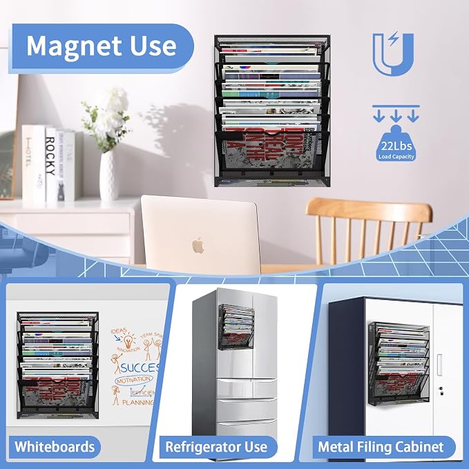 7-Tier Magnetic File Holder, No Drilling Wall File Organizer, Hanging File Organizer, Vertical Holder Rack for File Cabinets, Whiteboard, Refrigerator