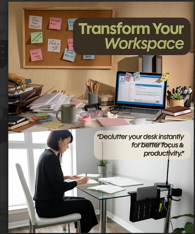 Desk Side Storage Organizer Clamp On – Side Desk Organizer Kit with Cup Holder, Magnetic Cable Organizer & Accessory Magnet, Hanging Desk Organizer for Home Office & Standing Desk