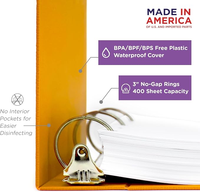 Carstens 3-Inch Heavy Duty 3-Ring Binder - Side Opening, Mango, Durable Plastic, Precision No-Gap Rings, Waterproof Cover, No Pockets, Holds 400 US Letter Sheets, BPA-Free, Made in USA (1736-00-3R)