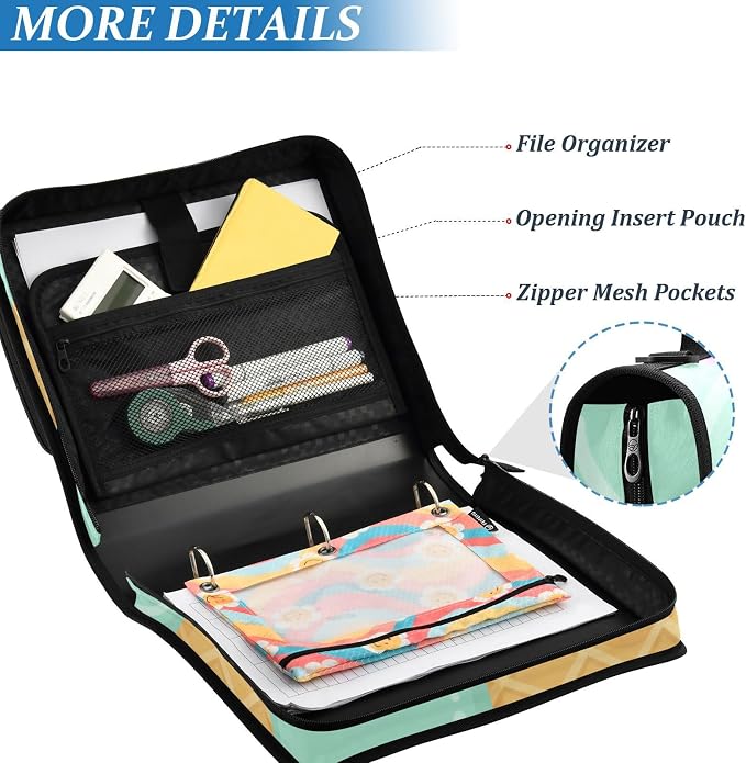 ALAZA Zipper Binder 3 Ring Green Ice Cream of Waffles Binder Organizer with Zipper and Shoulder Strap Large Capacity Multi-Pocket Trapper Keeper File Folder for Office Supplies