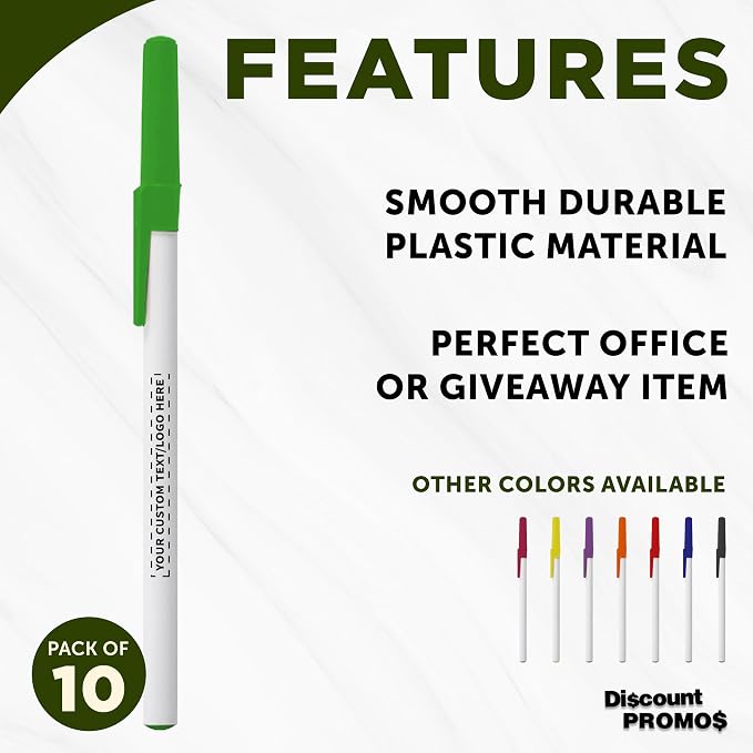 DISCOUNT PROMOS Custom Value Stick Pens Set of 10, Personalized Bulk Pack - Blue Ink, Great for Office, School, Business, Tradeshows, Events - Green Cap