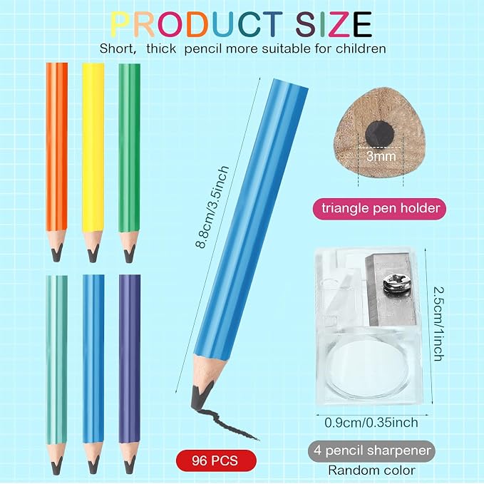 Spakon 96 Pcs Triangle Short Fat Pencils for Kid Bulk Back to School Gift