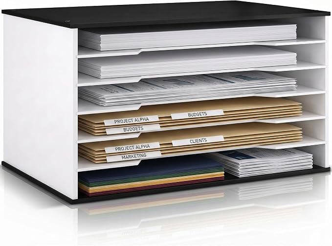 12x18 Construction Paper Organizer, 6-Tier Wooden Flat File for 11x17 & A3 Sheets | Large Durable wood composite organizer Paper Storage for Classroom, Office & Art Room | Black & White|