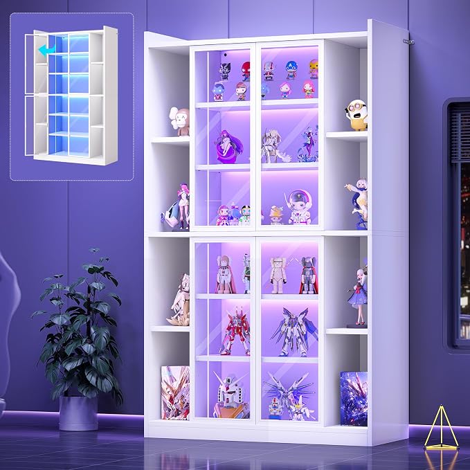 SEDETA 71" Tall 6-Tier Display Cabinet with Doors and Adjustable Shelves | Display Cases for Collectibles,Curio Cabinet with LED Lights & Acrylic Glass Doors for Bedroom Living Room Office,White