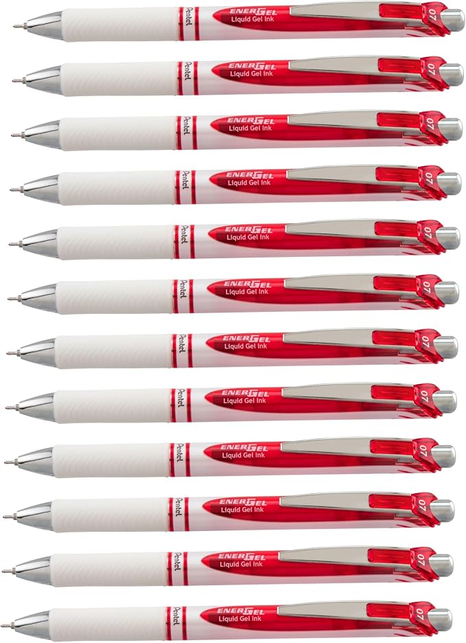 Pentel Gel Ink Pen, Pearl Retractable Gel Pen, (0.7mm) Medium Point, Needle Tip, Red Ink, 12 pack (BLN77PW-B)