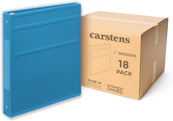 Carstens 1-Inch Heavy Duty 3-Ring Binder - Side Opening, Pool Blue, Durable Plastic, No-Gap Rings, Waterproof Cover, No Pockets, Holds 125 US Letter Sheets, BPA-Free, Made in USA (8714-3R), Case of 18