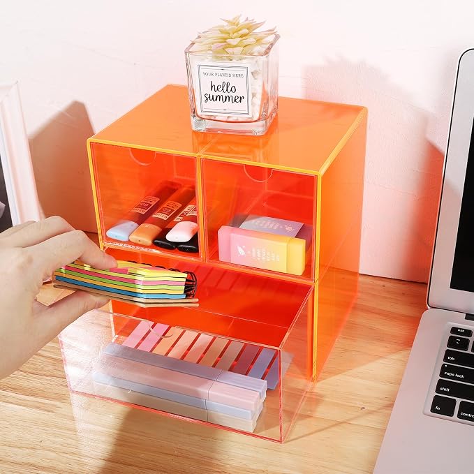 Gelite Desk Organizer with 3 Storage Drawers for Makeup Office Acrylic Desktop Drawer Organizer for Vanity Office Organization and Storage Box, Neon Orange