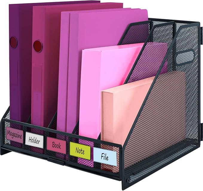 Desk Organizers, Metal Magazine File Holder with 5 Vertical Compartments Rack Binder File Organizer for Office Supplies, Home Workspace - Black