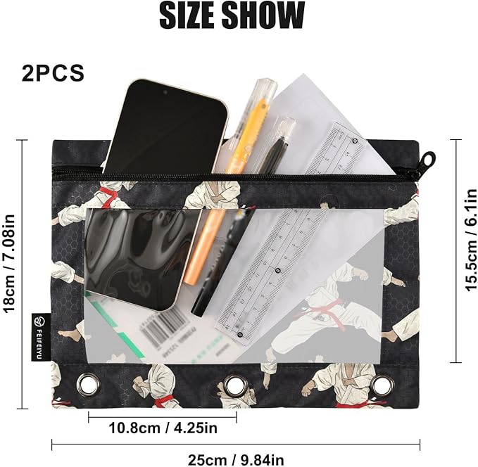 Karate Black Background Pencil Pouch for 3 Ring Binder, 2 Pack Waterproof Pencil Bags Clear Window Pencil Case Zipper School Office Supplies