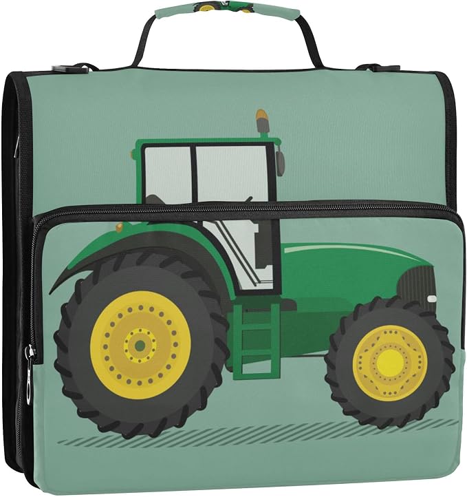 Fisyme Green Yellow Tractor Zipper Binder 3 Ring with Zipper and Shoulder Strap Large Capacity Multi-Pocket Binder Organizer