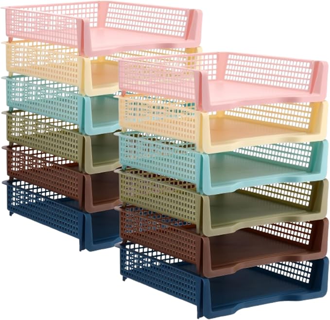 Weysat 12 Pcs Turn in Trays Classroom, Stackable Paper Tray for Classroom Organization Plastic Desk File Organizer Bin Basket for Library Drawer Teacher Office Document Storage (Morandi Tones,Narrow)