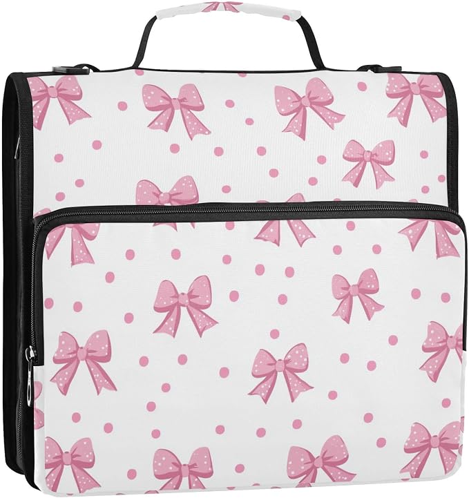 Pink Bows Dot White Zipper Binder with Shoulder Strap Trapper Keeper 3 Ring Binder Organizer Large Capacity Multiple Compartments for School Office