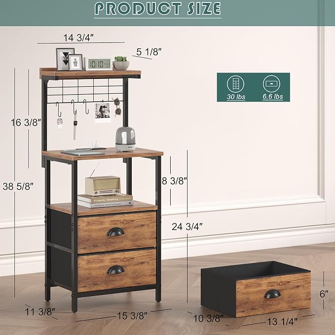 sthmec Tall Nightstands with Charging Station, LED Night Stand Bedsides with 2 Drawers Fabric, Hooks,USB Port and Open Storage Shelves,Tall End Table Bedside for Bedroom,Office, Rustic Brown