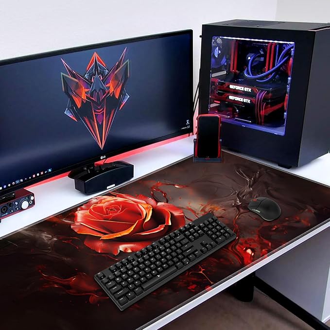 Extended Gaming Mouse Pad 31.5" x 11.8", with Edge Stitching, Non-Slip Rubber Base Keyboard Pad, Suitable for Work, Game, Office, Home and Coasters, Art Red Rose
