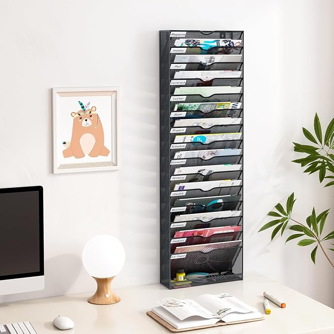Hanging Wall File Organizer,16-Tier Desk File Mail Holder, Paper Bill Organization For Office Home School, Black