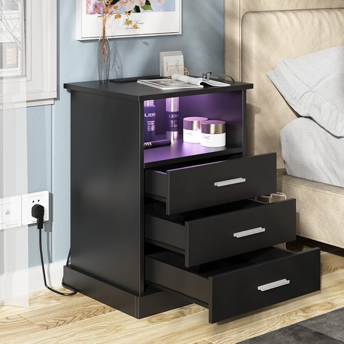 Halitaa Black LED Nightstand with Charging Station, Side Table with 3 Drawers and Light, End Table with Open Storage, Beside Cabinet for Bedroom (Black 2 Set)