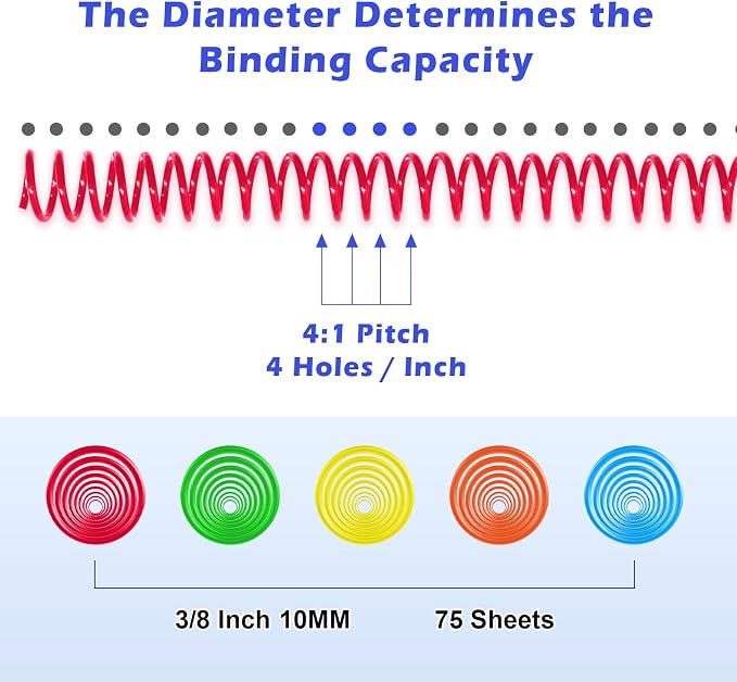 TOTiyea 50 Pack Plastic Spiral Binding Coils,10mm,4:1 Pitch 75 Sheet Capacity | Spiral binding coils,Mix,can be used with letter size (8.5x11") or A4 size paper (8.3x11.7"),bound projects can lay flat
