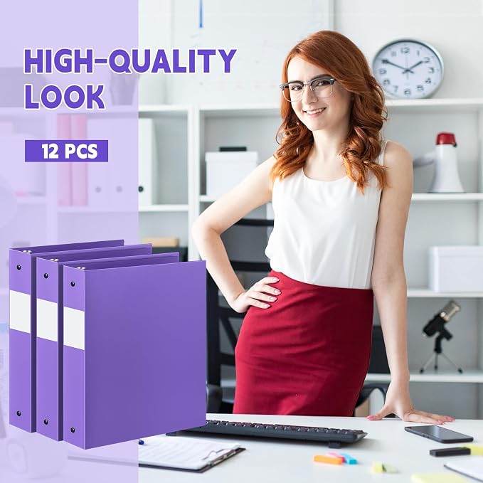 Henoyso 12 Pcs 1.5 Inch 3 Ring Binders, Letter Size,Purple | Binders Bulk, Holds 350 Sheets, Round Rings, Durable Flexible PP Plastic Covers, Pockets Labels, School Office Supplies