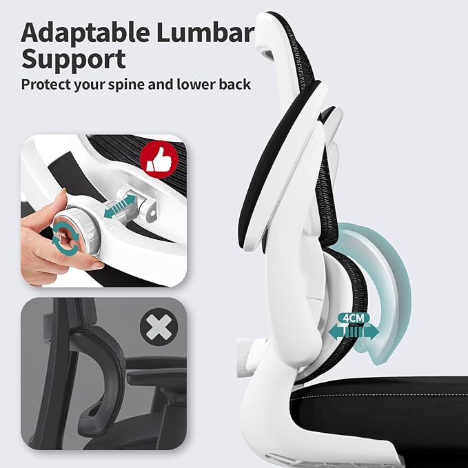 TRALT Office Chair - Ergonomic Desk Chair with Adjustable Lumbar Support, Mesh Computer Chair, Executive Chair for Home Office Comfortable Lumbar Support (1, White+Black)