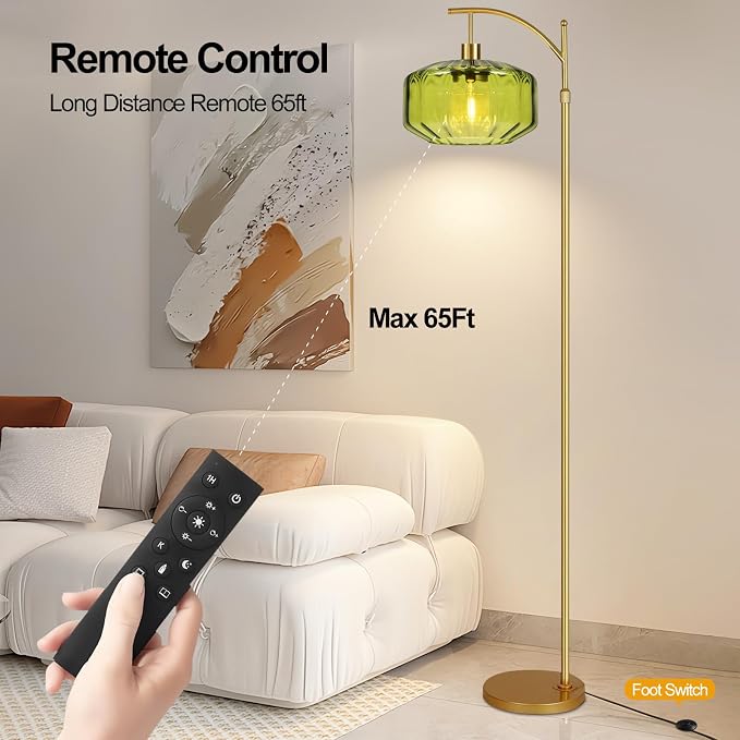Gold Floor Lamps for Living Room Bedroom,Glass Floor Lamp with Remote Control & Green Lampshade,Arc Dimmable Floor Lamp Mid Century Modern Standing Lamp Vintage Tall Floor Lamps for Bedroom Corner