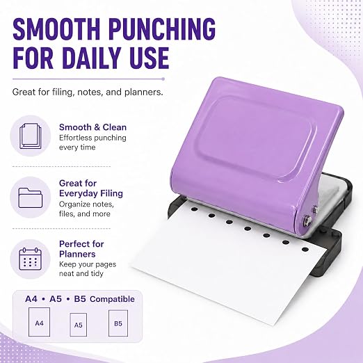 10 Hole Punch Binding Machine Kit for Planner (Purple) with 10 Multi-Color Spiral Coils, Adjustable A4 A5 B5 Paper Puncher, DIY Notebook Scrapbook Maker for Home Office School Organization
